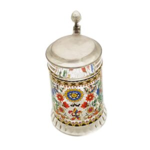 80er Glaskrug mit Henkel, Zinndeckel